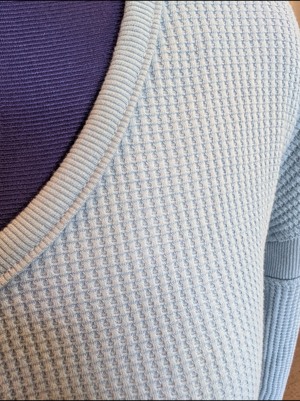 C&C California Pale Blue Waffle V-Neck Long Sleeve Top - Picture 6 of 13